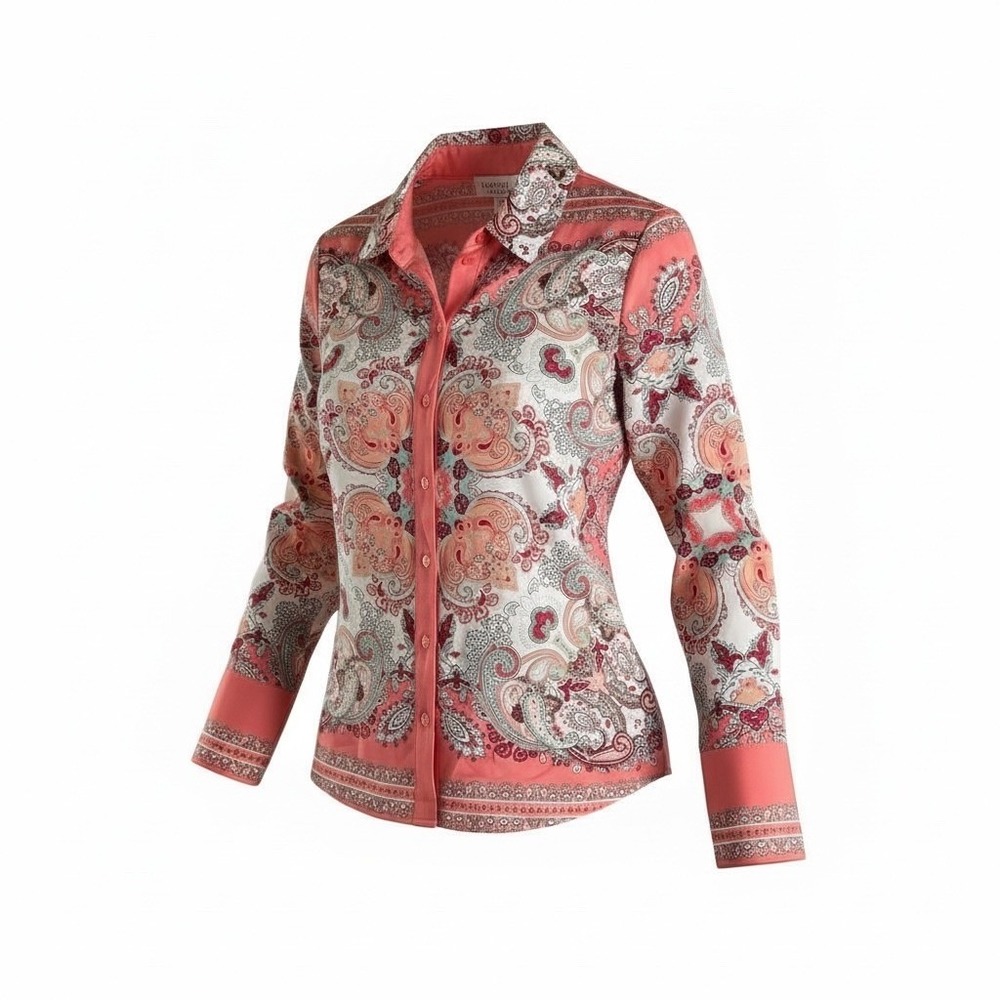 Rachel Zoe Paisley Print Button Down Long Sleeve Shirt Coral White Pink Size S